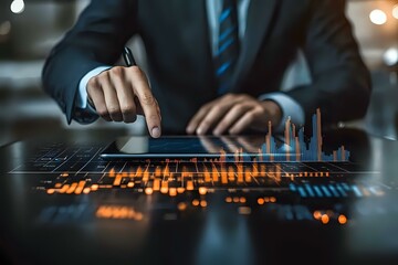 Businessman analyzing financial market data on digital display with glowing orange and blue charts, working late at modern office desk.