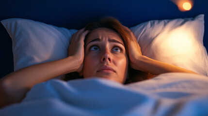 Exhausted Woman Lying in Bed, Suffering from Insomnia, Staring at the Ceiling Due to Noise Disturbances. exhausted woman, suffering from insomnia, lying in bed, noise disturbances,