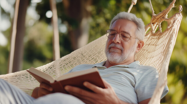 A concentrated senior grandfather man resting in a hammock, deeply immersed in reading a book. His relaxed expression and peaceful surroundings highlight a moment of leisure and tr