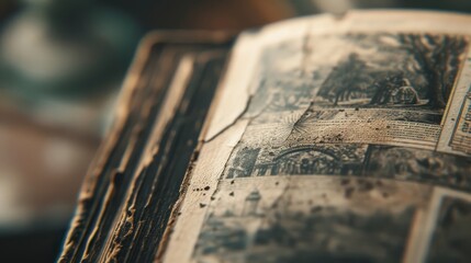 A detailed close-up of a weathered, vintage book featuring intricate historical illustrations and aged textures, evoking a sense of nostalgia and timeless knowledge. AI generated.