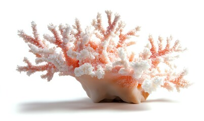Obraz premium Pink coral branch with white accents isolated on white background, marine life specimen showing delicate natural structure and patterns.