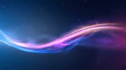 Flowing cosmic wave with vibrant blue and pink colors against dark space background, glowing energy stream with stars and light particles creates magical atmosphere.