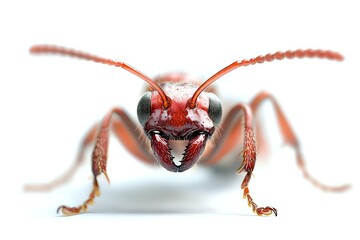 Fototapeta premium Extreme macro portrait of red ant head with antennae and mandibles on white background, isolated close-up showing detailed insect anatomy and compound eyes.