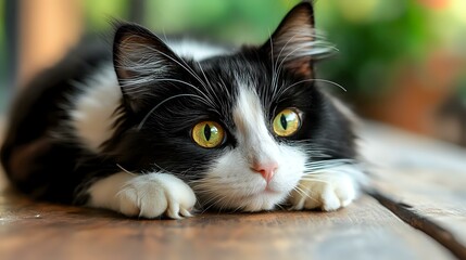 Black and white domestic cat with bright yellow eyes lying on wooden surface, close up portrait showing facial features and paws in soft natural lighting.