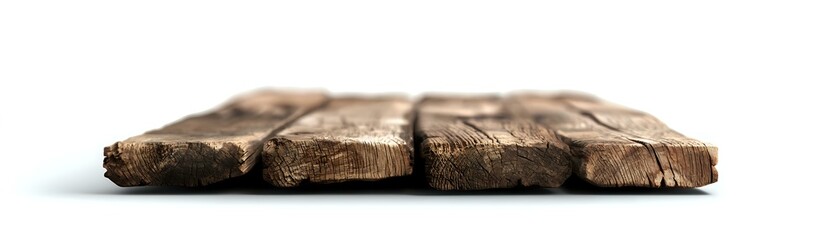 Aged wooden plank with rough texture and natural grain pattern isolated on white background, showing weathered surface and rustic character for design projects.