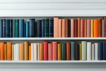 Fototapeta premium Colorful books arranged on white shelves in rainbow spectrum order, from dark blue and green to orange and red tones, creating modern minimalist library display.