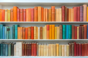Fototapeta premium Colorful vintage books arranged on white wooden shelves, spines in rainbow order from orange and red to turquoise and blue, creating organized library display.