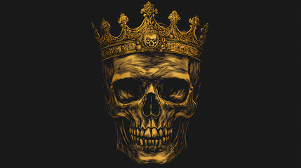 A detailed illustration of a human skull wearing a golden crown on a black background. Gilded Skeleton Kings. Illustration