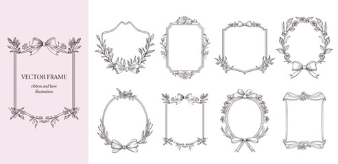 Floral Frame with ribbon and bow set . Hand drawn Botanical vector illustration. Flower wreath Black and white.