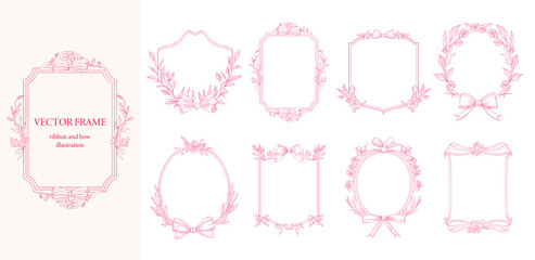 Floral Frame with ribbon and bow set . Pink color botanical vector illustration. Decorative border.