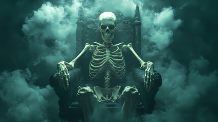 A glowing skeleton sits majestically on a throne surrounded by clouds and darkness, evoking a sense of mystery and the supernatural. Gilded Skeleton Kings. Illustration