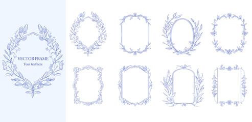 Floral Frame set . Blue color botanical vector illustration. Flower wreath of decorative art.