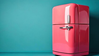 Bright pink retro refrigerator stands against teal wall in modern kitchen