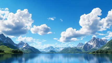 Fototapeta premium Serene mountain lake, sunny sky, idyllic landscape, travel poster