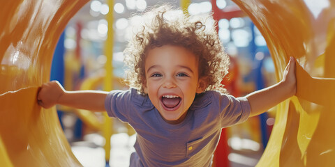 Happy cheerful kids having a blast at indoor play center. Children playing with color balls in playground ball pit.