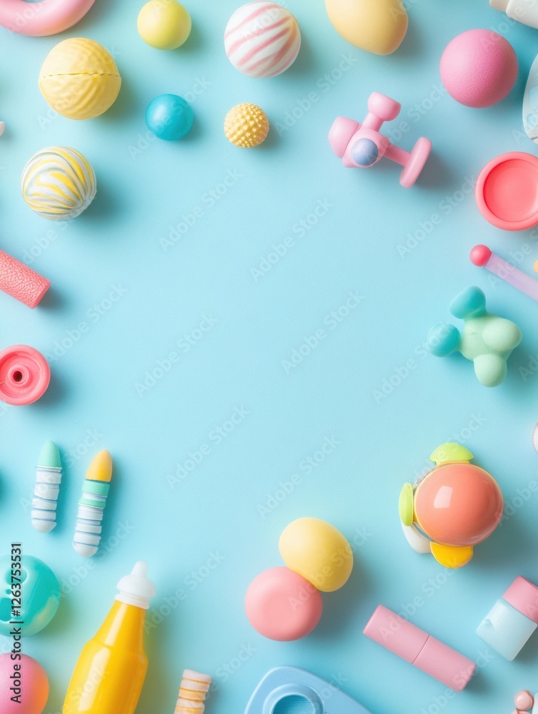 Poster colorful assortment of playful toys arranged on a light blue background for a fun and creative atmos