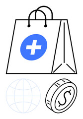 Shopping bag with healthcare cross, globe, and coin representing online shopping, medical services, and global commerce. Ideal for e-commerce, healthcare, finance, globalization economy medical