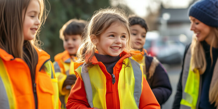 Group of preschoolers wearing yellow reflective vests to improve visibility walking along the city street with a teacher. Kindergarten learning traffic safety rules.