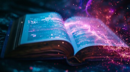 A captivating open book emits glowing particles and holographic text in a dimly lit atmosphere, evoking a sense of wonder and fantasy. AI generated.