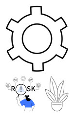Gear icon, woman analyzing risk with magnifying glass, and potted plant representing growth. Ideal for productivity, strategy, planning, innovation, teamwork, workflow abstract line flat metaphor