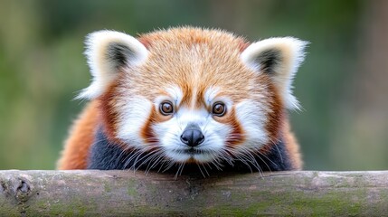 Fototapeta premium Red panda cub looking at camera, forest background, wildlife photography, zoo