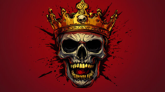 Dreadful cartoon skull in golden king crown for halloween mascot or tattoo design usage with evil skeleton monster and bloody caption piracy. Gilded Skeleton Kings. Illustration
