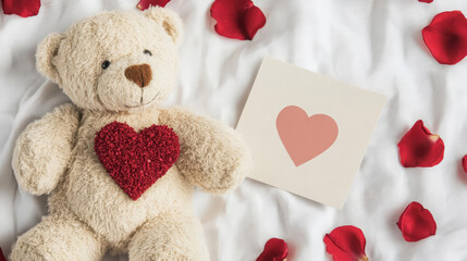 cute teddy bear with heart on its chest, surrounded by rose petals and heart card