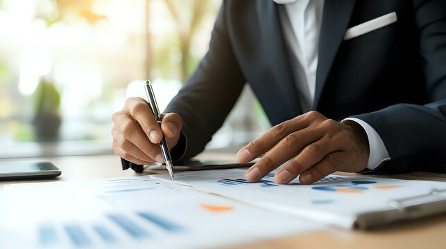 African American businessman in dark suit analyzing financial graphs and charts while writing notes at office desk with natural lighting background.