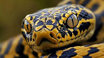 Obraz premium A stunning close-up of a vividly colored python snake, capturing intricate patterns and textures, embodying the beauty and wildness of nature in spectacular detail.