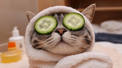 A cute cat wrapped in a cozy towel with cucumber slices on its eyes, experiencing a calming spa moment in a serene indoor setting, perfect for relaxation vibes.