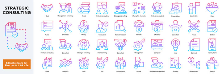 Strategic Consulting, business management, consultant,  editable stroke outline icons sheet isolated on transparent background flat vector illustration. Pixel perfect. 64 x 64