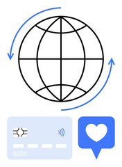 Globe with arrows, payment card, and heart icon represent global transactions, e-commerce, digital connections. Ideal for fintech, online shopping, donations, global outreach user interaction