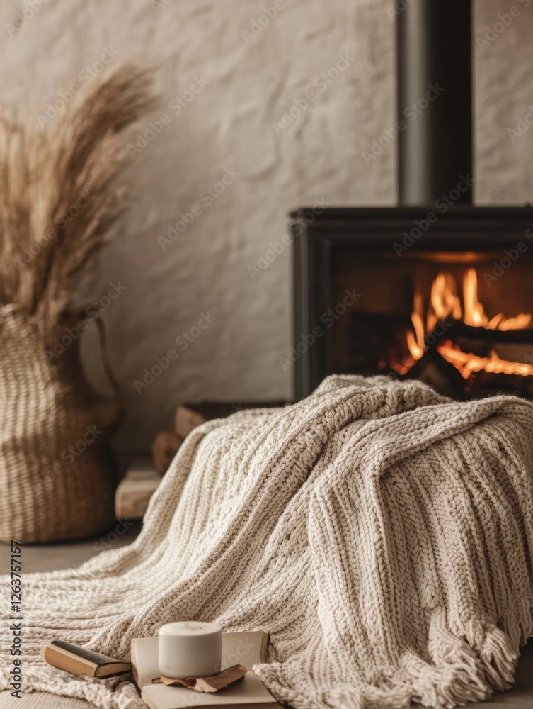 Aufkleber cozy interior with knitted blanket, warm fire, and rustic decor creating a relaxed atmosphere in an 
