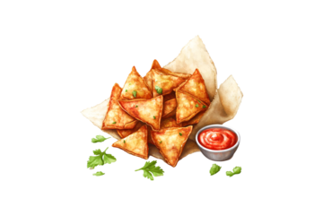Crispy golden triangles of fried goodness served with zesty red sauce and fresh cilantro a delightful snack