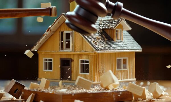 Gavel smashing a house model symbolizing foreclosure or real estate disputes. Concept of property law, legal issues, and financial crisis.