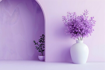 Obraz premium Elegant interior scene featuring purple flowers in a white vase against a soft pastel backdrop