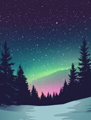 Fototapeta premium Dazzling night sky with northern lights over snow covered landscape and trees. Generative AI