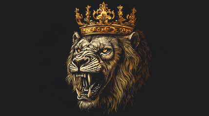 Obraz premium Majestic lion skull wearing a regal golden crown. Gilded Skeleton Kings. Illustration