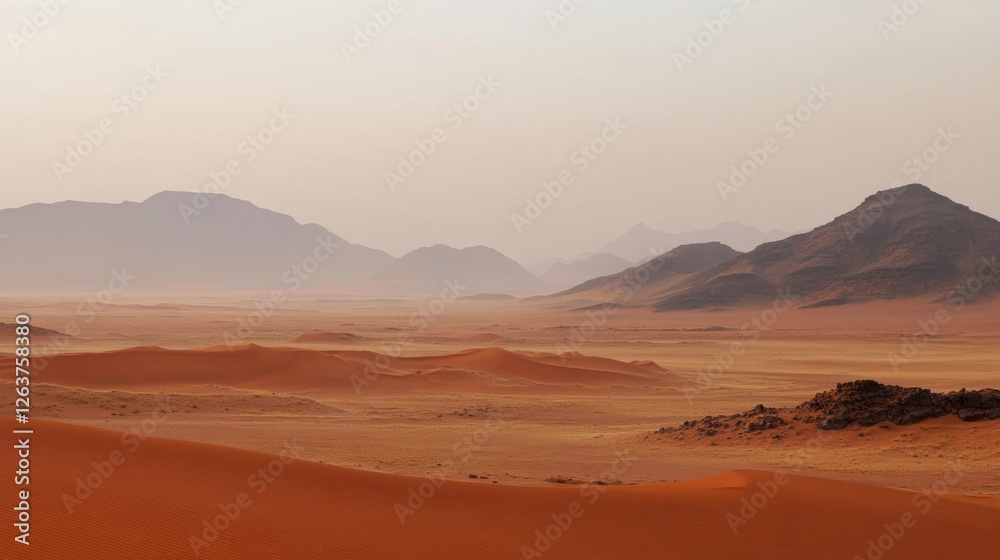 Poster expansive desert landscape with rolling dunes and distant mountains at sunset in a serene, arid envi
