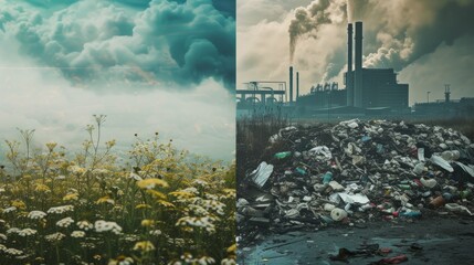A conceptual split image showing vibrant nature on one side and industrial pollution on the other, emphasizing environmental contrasts. AI generated for ecological themes.