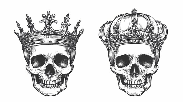 Skull in crown king monochrome illustration isolated. vintage crowning, elegant queen or king crowns, royal imperial coronation symbols. Gilded Skeleton Kings. Illustration