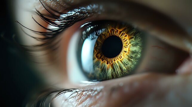 Extreme macro shot of mesmerizing human eye with unique green and amber iris pattern, long eyelashes and detailed texture showing intricate details in dramatic lighting.