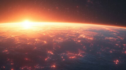 Fototapeta premium Sunrise over a fiery Earth from space. Possible use Scientific, educational, or inspirational material