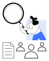 Woman using magnifying glass to analyze document and group icons. Ideal for recruitment, research, teamwork, leadership, business analysis, problem solving, abstract line flat metaphor