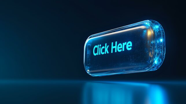 Glowing blue neon click here button floating in dark space with reflection on surface, modern futuristic web design element for digital interface. - Powered by Adobe