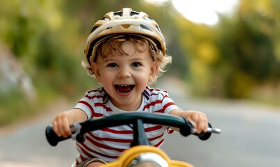Obraz premium Joyful toddler boy wearing safety helmet laughs while riding bicycle on summer day, dressed in red striped t-shirt, capturing pure childhood happiness outdoors.