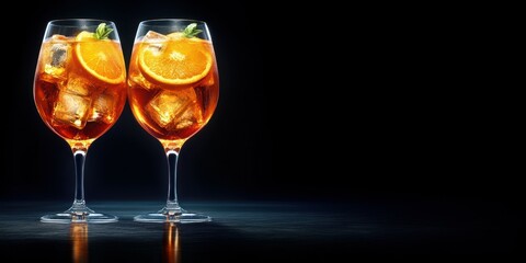 Two elegant glasses filled with a refreshing citrus cocktail against a dark background