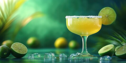 Refreshing margarita served in a chilled glass with fresh limes on a bright tropical background