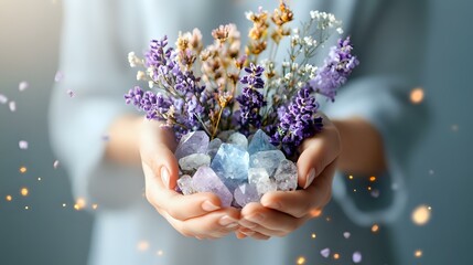 Female hands holding healing crystals and dried lavender flowers with magical glowing particles, spiritual wellness concept against blurred teal background.