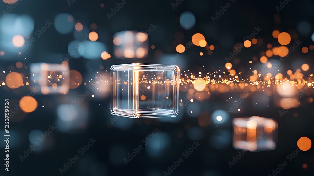 Poster Glowing transparent cube floating in dark space with magical bokeh lights and sparkles creating dreamy atmospheric background effect.